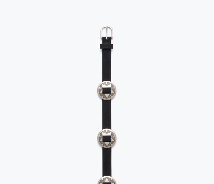 Black suede TESS belt by Freda Salvador, featuring a sleek design and metal buckle, displayed on a neutral background.