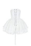 A white Victorian-style corset with a lace-up front and a flared skirt.