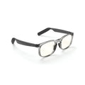 The Reebok Thunder smart glasses feature translucent gray rectangular frames, black arms, and slightly yellow-tinted lenses—designed for privacy-focused users seeking style and innovation. Displayed on a white background.