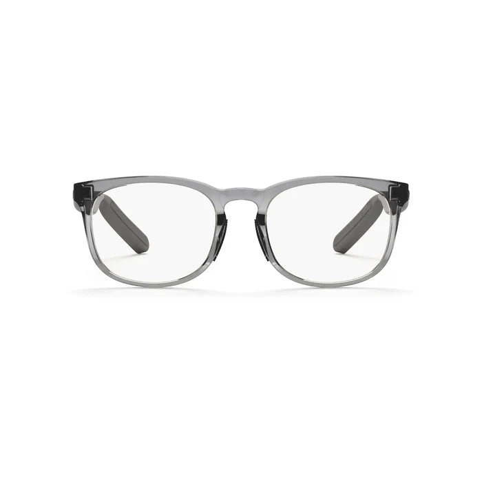 Front view of Reebok Thunder smart eyewear, featuring a stylish rectangular design with clear lenses and a transparent gray frame, displayed on a white background.
