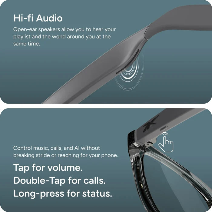 A graphic of Reebok Thunder privacy-focused smart glasses with open-ear hi-fi audio, touch controls for tap volume, double-tap calls, and long-press status, plus close-ups of the frames and buttons.