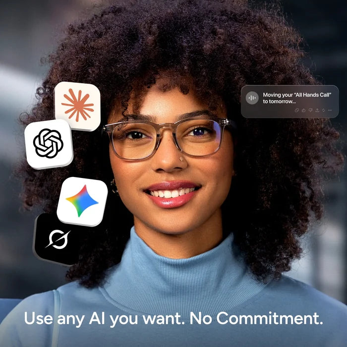 A smiling woman with curly hair and smart glasses stands before a blurred background as AI app icons float around her. Text below reads: Use Reebok Thunder. No Commitment. Privacy focused.