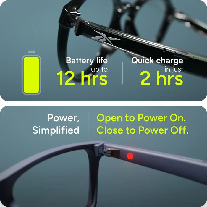 Reebok Thunder smart glasses offer open-ear audio, a green battery icon, up to 12 hrs battery life, and fast 2-hr charging. A close-up shows red light: open to power on; close to power off.