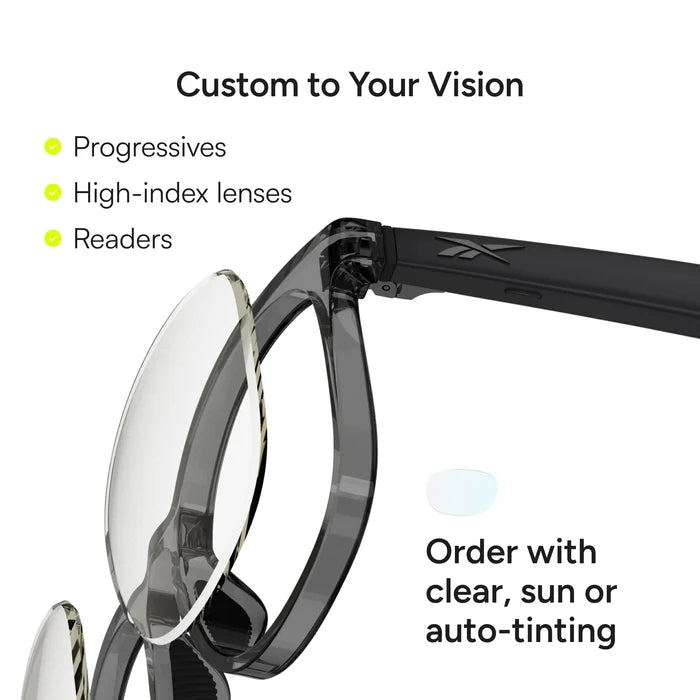 Reebok Thunder eyeglasses feature a partially transparent black privacy-focused frame. Choose progressives, high-index lenses, readers, and clear, sun, or auto-tinting options for your perfect pair.