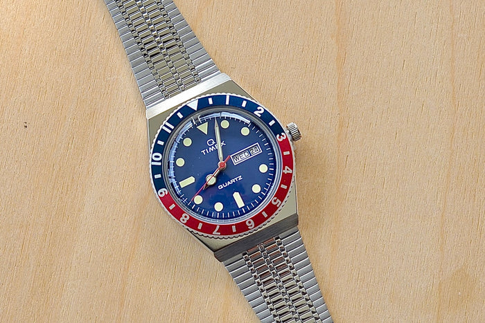 Timex Q Diver Reissue Watch Blue Face, Blue and red bezel 38mm TW2U613002V silver bracelet