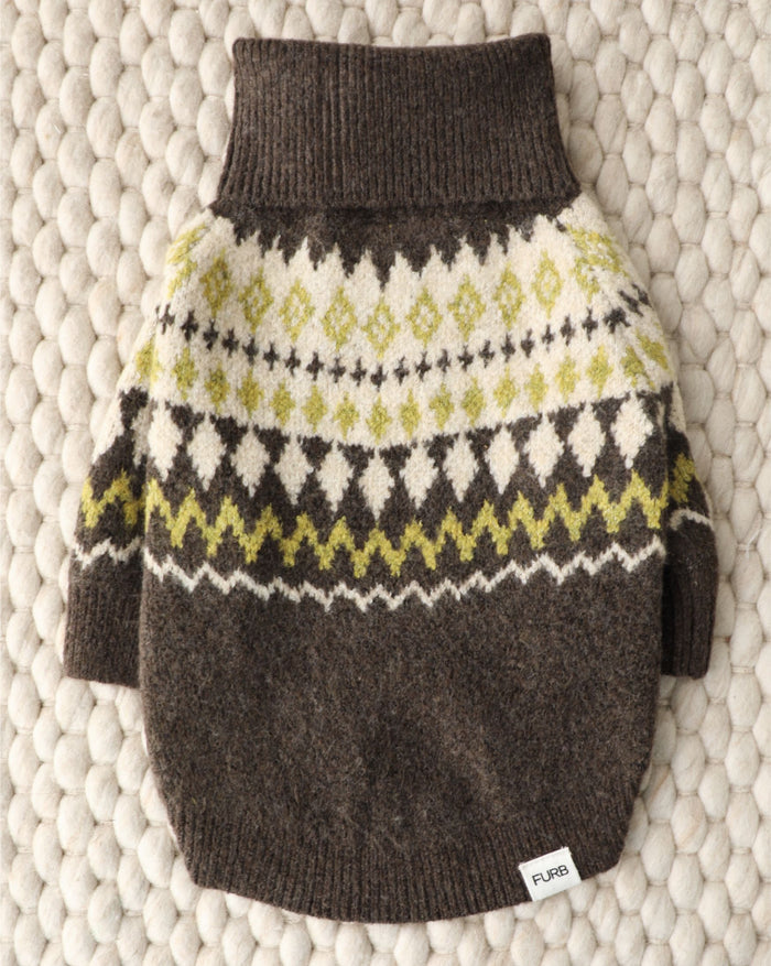 Classic fair isle dog sweater with a timeless knit pattern, warm and festive, perfect for cooler seasons, great for pugs and French bulldogs