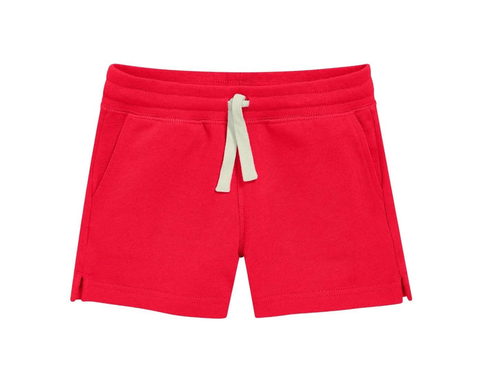 Front view of Primary Track Shorts - Strawberry. Available at www.tenlittle.com