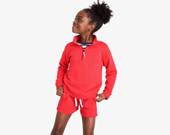 Child wearing Primary Track Shorts - Strawberry. Available at www.tenlittle.com