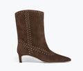 Freda Salvador Tricia studded suede boot showing front view with decorative metal studs and soft tan suede material.