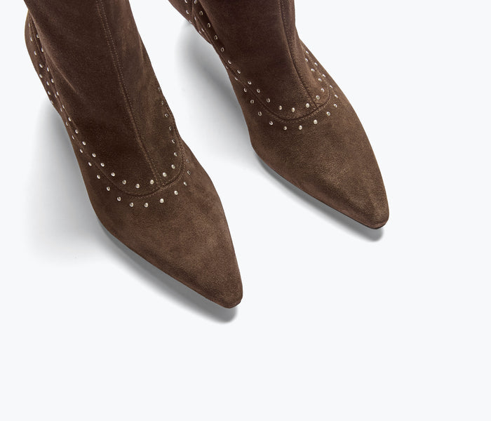 FREDA SALVADOR Tricia Studded Boot with suede and studded detailing, showcasing its stylish ankle boot design.