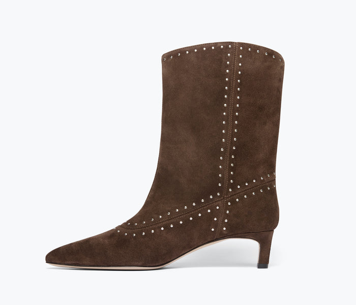 Freda Salvador Tricia studded suede boot with inside view showing the textured exterior and stylish design.