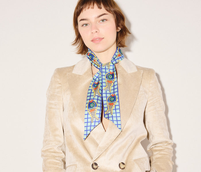Mur by Ayca Twin Fish Silk Twilly accessory featuring a vibrant twin fish pattern on smooth silk fabric.