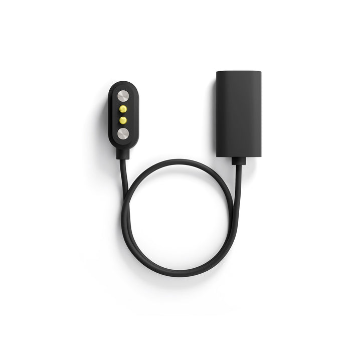 The Lucyd USB-C Magnetic Charging Cable for Lucyd Armor & Reebok Sport features a black cable with a cylindrical adapter on one end and a connector with metal and yellow contact points on the other, displayed against a white background—perfect for charging your smart sunglasses.