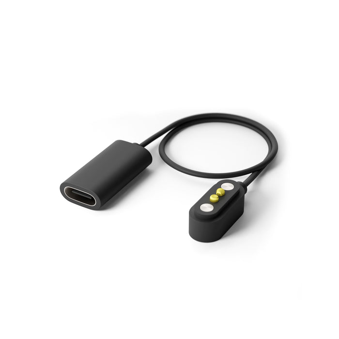 The Lucyd USB-C Magnetic Charging Cable for Lucyd Armor & Reebok Sport smart sunglasses features a black design with a magnetic charging connector and three metal contact points, shown on a white background.
