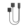 Minimalist black wall-mounted lamp with three cylindrical light fixtures connected by curved rods, displayed against a white background—an ideal modern accent piece for spaces equipped with innovative accessories such as the Lucyd USB-C Magnetic Charging Cable designed for Reebok Smart Eyeglasses.
