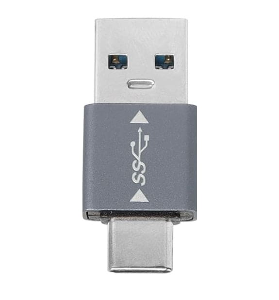 The Lucyd USB-C to USB Adapter | For Reebok is a compact, dual-ended adapter with a gray center featuring white USB and SS logos plus arrow symbols—USB-A connector on top, USB-C on bottom—perfect for quick charging.