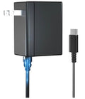The Lucyd USB-C Wall Charger | For Reebok is a black charger with an attached cable, standard two-prong plug, and blue indicator light—ideal for powering devices like your Nintendo Switch charger.