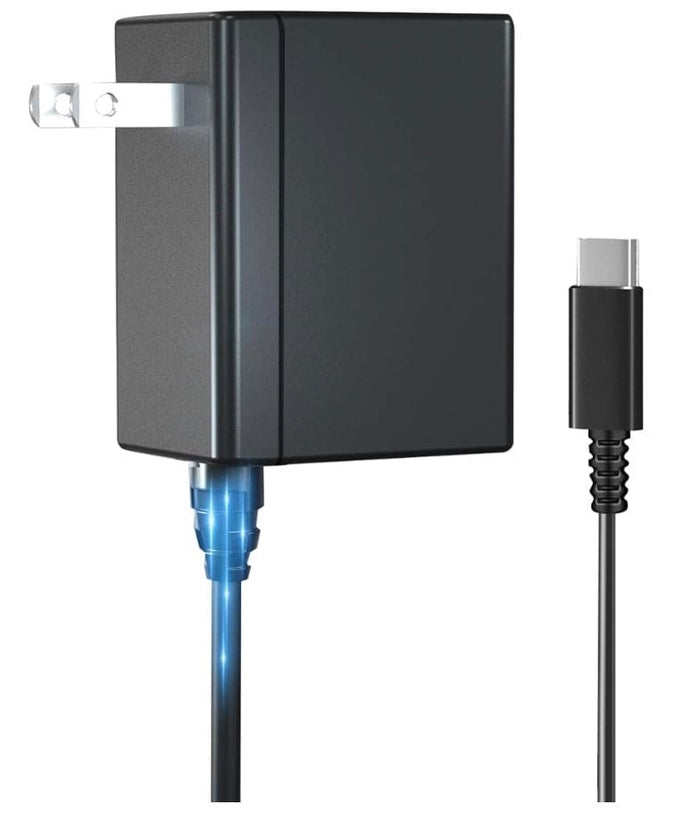 The Lucyd USB-C Wall Charger | For Reebok is a black charger with an attached cable, standard two-prong plug, and blue indicator light—ideal for powering devices like your Nintendo Switch charger.