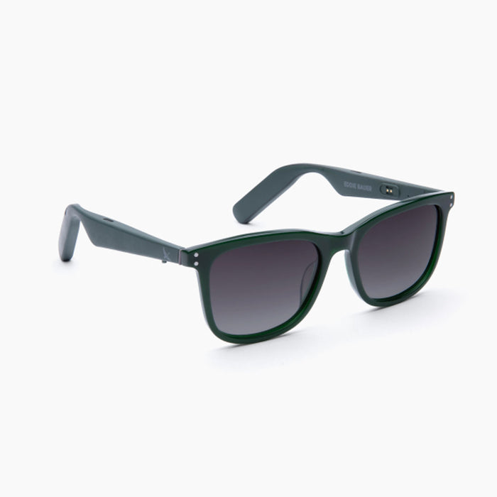 The Eddie Bauer Velocity sunglasses are dark green wayfarer-style UV400 polarized shades with dark tinted lenses, shown on a white background.