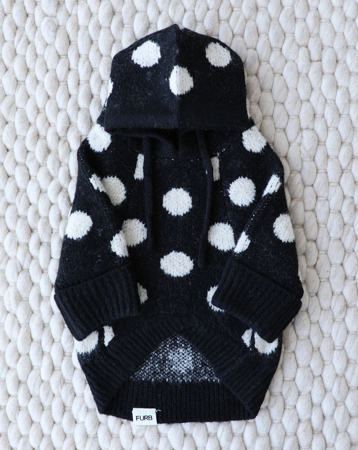 Black and ivory polka dot dog hoodie designed for cozy everyday style, soft and playful with a classic feel, perfect for French bulldogs, pugs, and Boston terriers