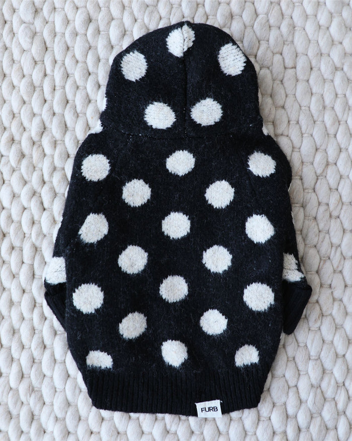 Charming polka dot dog hoodie with a relaxed fit and timeless contrast, easy to layer for cool days, loved by dachshunds, cavapoos, and shih tzus
