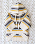 Striped colorblock dog sweater combining classic patterns with cozy knit comfort, great for French bulldogs and pugs