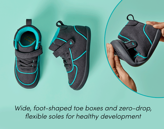 Split view of person flexing shoe and top and side view of Ten Little Volt High Tops featuring wide, foot-shaped toe boxes and zero-drop, flexible soles for healthy development. Available at www.tenlittle.com