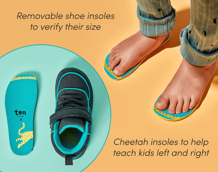 Split view of child standing on removable shoe insoles to verify size with a cheetah graphic to help teach kids left and right - Ten Little Volt High Tops. Available at www.tenlittle.com