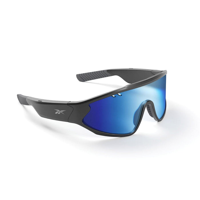 Reebok Voltage black Bluetooth sport sunglasses feature a wraparound design, reflective blue polarized lenses, and a small white logo on the temple, shown on a white background.