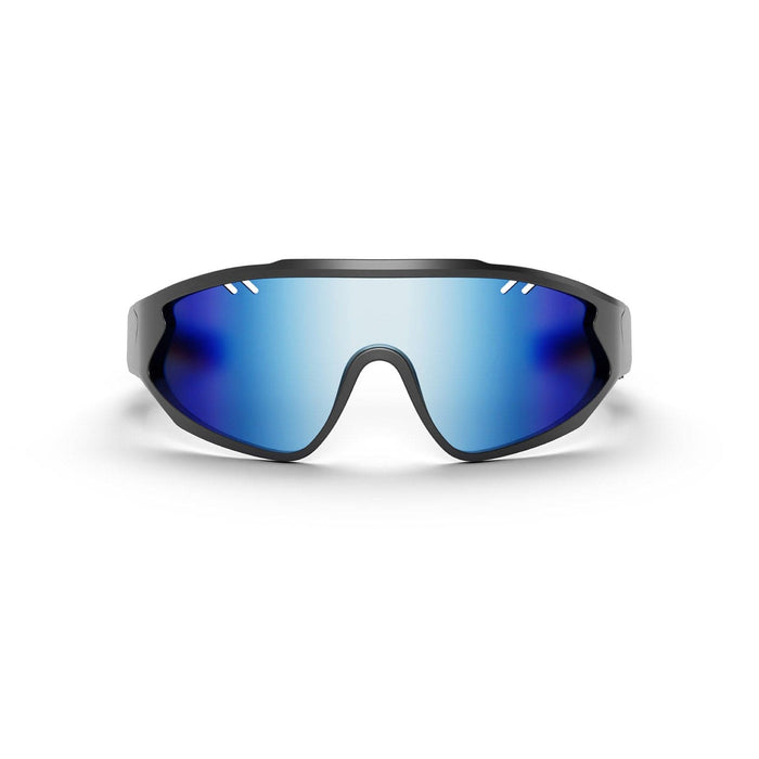 The Reebok Voltage sunglasses feature a sporty, wraparound design with Bluetooth, blue mirrored lenses, and a black frame, shown against a white background.