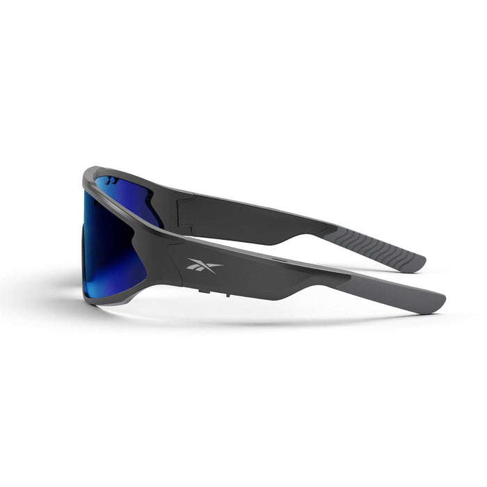 Side view of Reebok Voltage black Bluetooth sport sunglasses with blue mirrored lenses and a Reebok logo on the temple, set against a white background.
