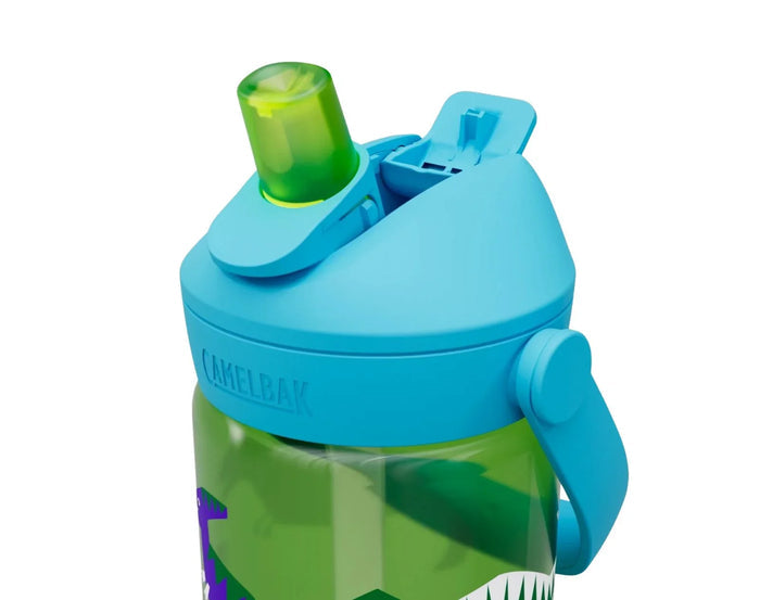 Close up lid and straw of CamelBak Water Bottle - 14oz - Dino. Available at www.tenlittle.com