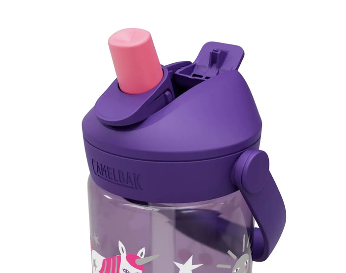 Close up lid and straw of CamelBak Water Bottle - 14oz - Unicorn. Available at www.tenlittle.com