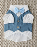 We Do Wedding blue three-fer dog button up suit for formal events, perfect for weddings and celebrations on French Bulldogs, Pugs, Cavaliers, and small dogs