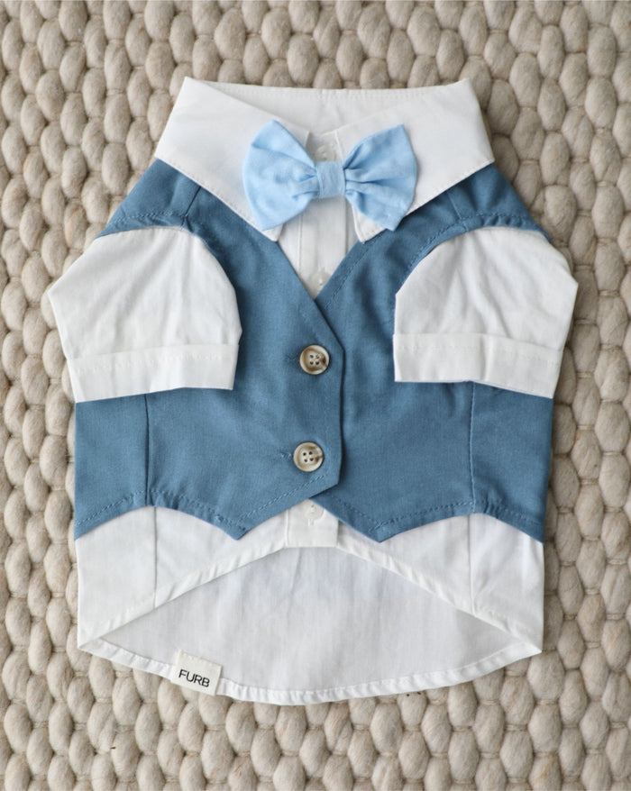 We Do Wedding blue three-fer dog button up suit for formal events, perfect for weddings and celebrations on French Bulldogs, Pugs, Cavaliers, and small dogs