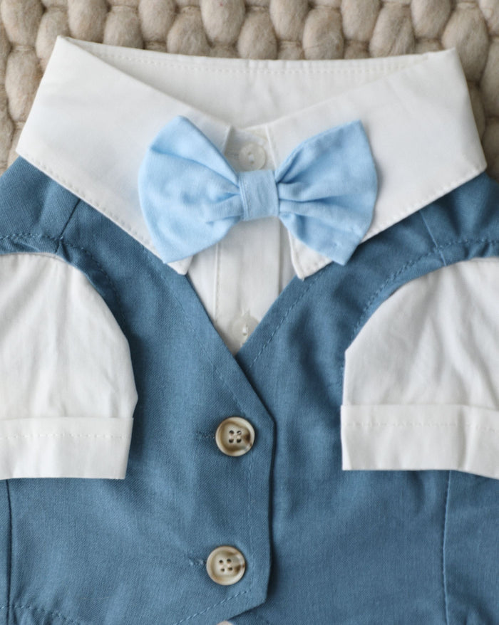Stylish blue dog tuxedo style shirt for ceremonies and photos, perfect for Frenchies, Dachshunds, Pugs, and fashionable small breeds