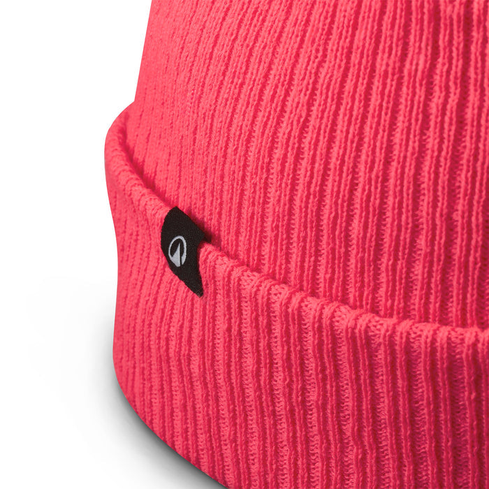 Close-up of a red knit beanie with a brand logo on a white background