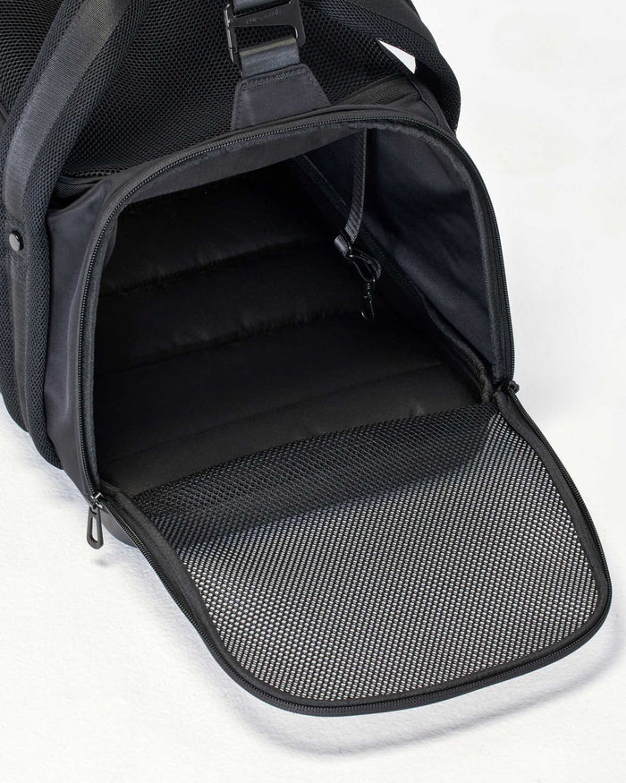 Stylish pet travel carrier in classic black, perfect for city life and trips, great for Boston terriers, Frenchies, and shih tzus