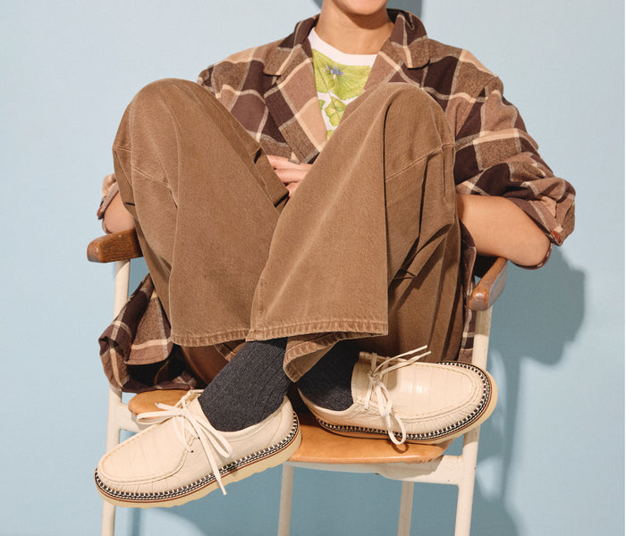 Freda Salvador Willow Lug Moccasin loafer in sand embossed crocodile leather with rugged sole detail.