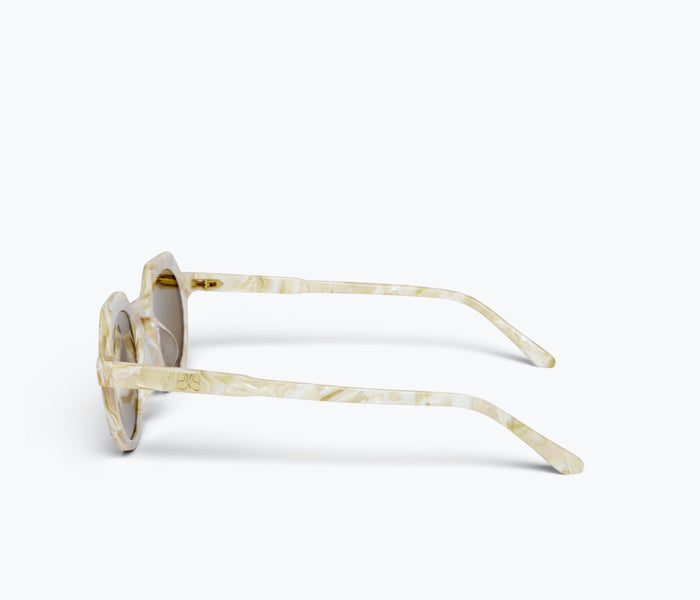 Wolfspout Georgie sunglasses with olive twist frame, side view showing stylish accessory design and modern eyewear details.