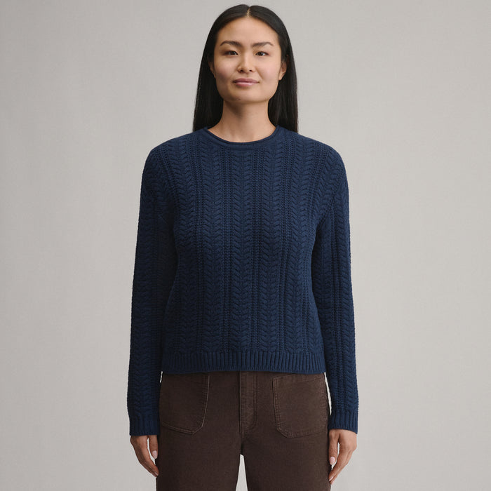 Women's Cotton Cable Crew Sweater-Brook-1