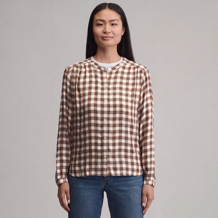 Women's Long-Sleeve Collarless Drapey Plaid Button-Down Shirt-Cedar-1