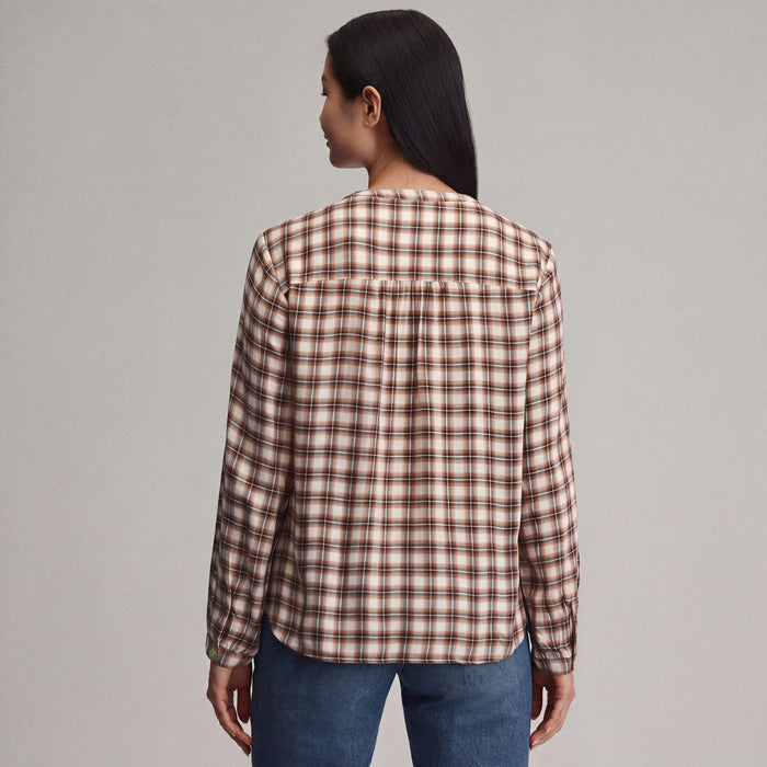 Women's Long-Sleeve Collarless Drapey Plaid Button-Down Shirt-Cedar-2