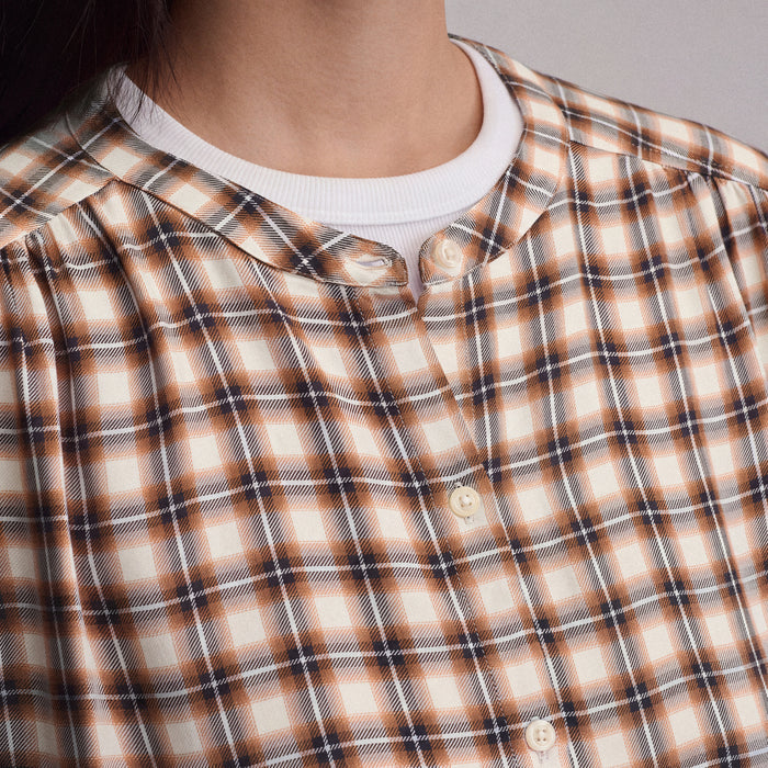 Women's Long-Sleeve Collarless Drapey Plaid Button-Down Shirt-Cedar-3