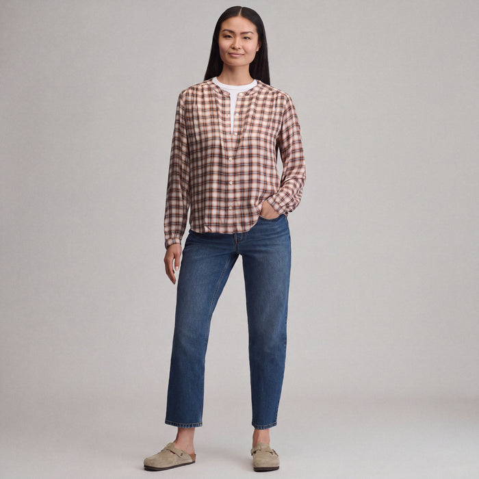 Women's Long-Sleeve Collarless Drapey Plaid Button-Down Shirt-Cedar-4