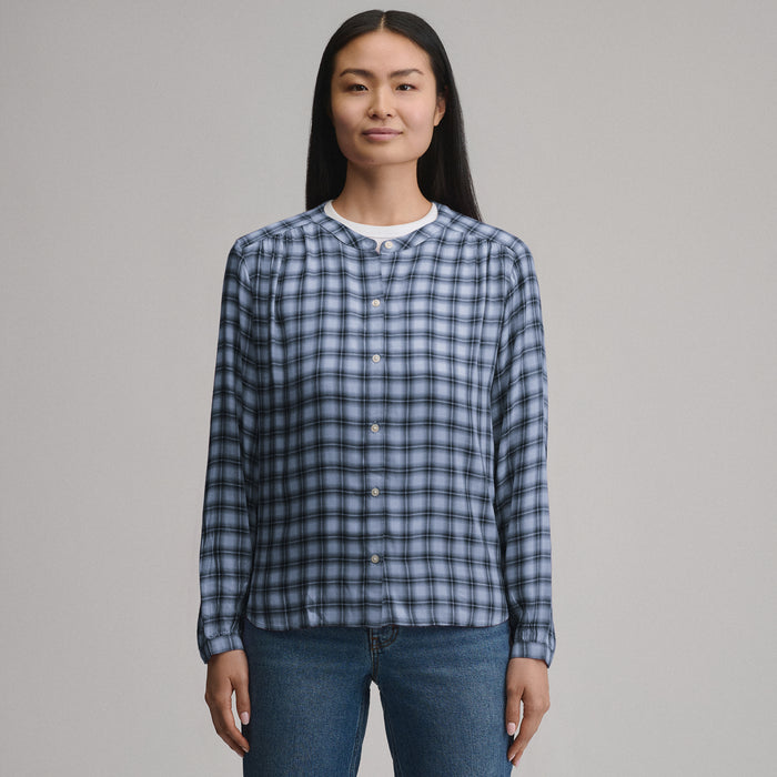 Women's Long-Sleeve Collarless Drapey Plaid Button-Down Shirt-Dusk-5