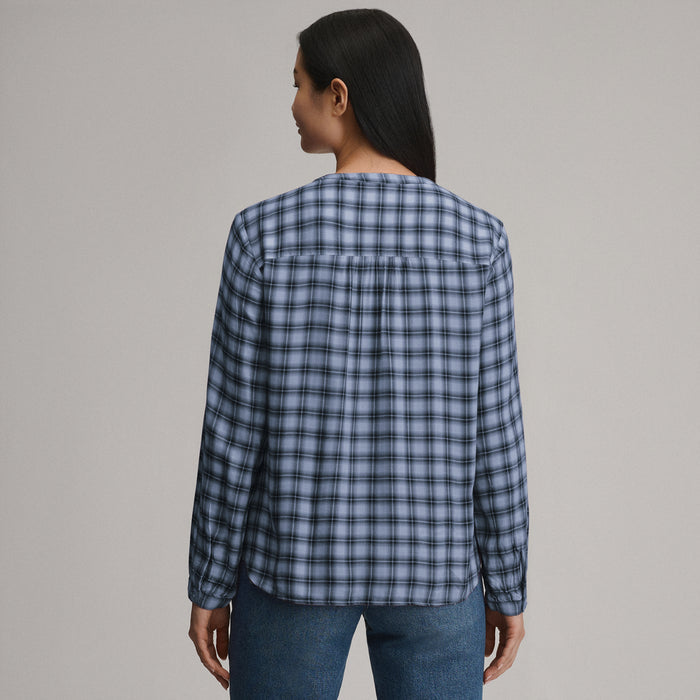 Women's Long-Sleeve Collarless Drapey Plaid Button-Down Shirt-Dusk-6