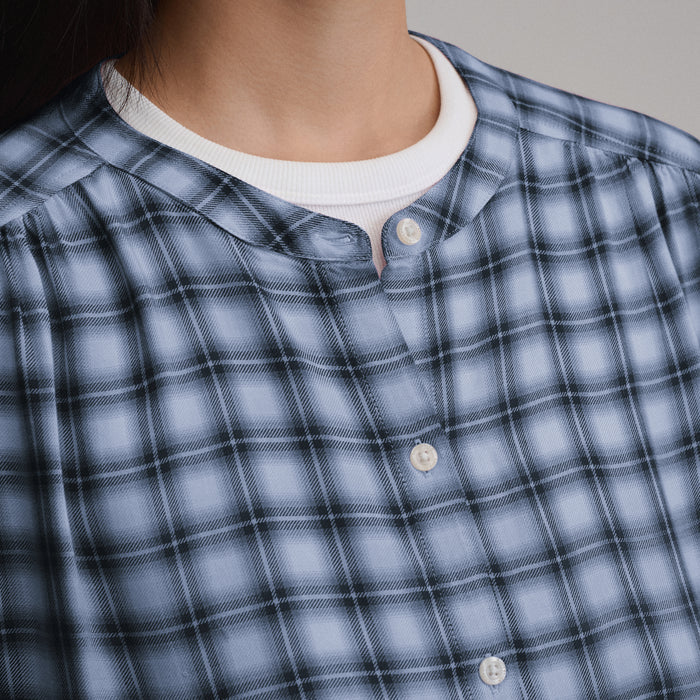 Women's Long-Sleeve Collarless Drapey Plaid Button-Down Shirt-Dusk-7