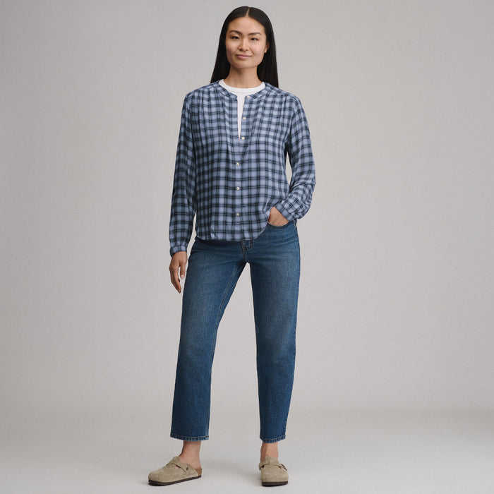 Women's Long-Sleeve Collarless Drapey Plaid Button-Down Shirt-Dusk-8