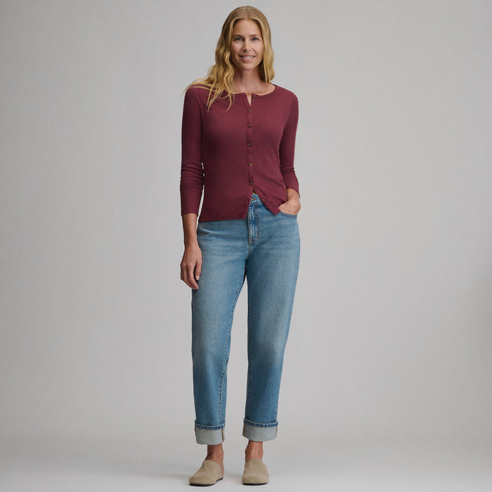 Women's Long-Sleeve Pointelle Button Front Top-Dk Lava-8